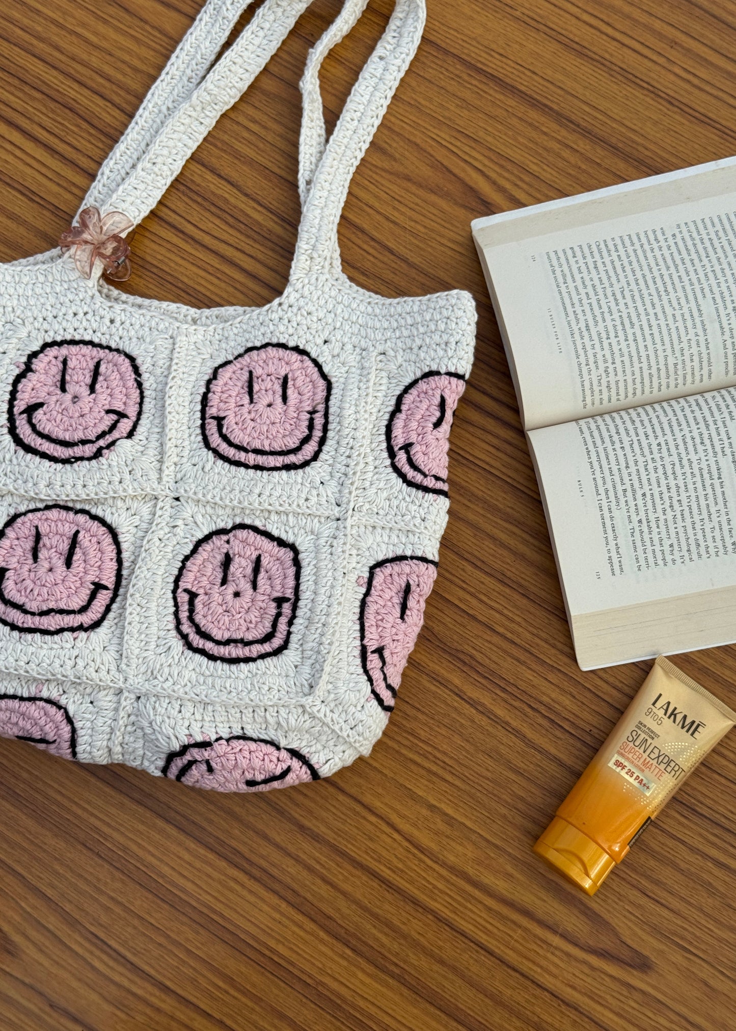 Pink Smiley Crochet Tote Bag
