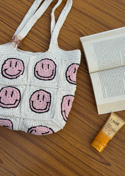 Pink Smiley Crochet Tote Bag