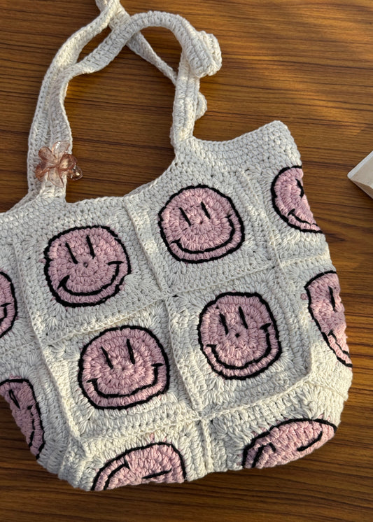 Pink Smiley Crochet Tote Bag