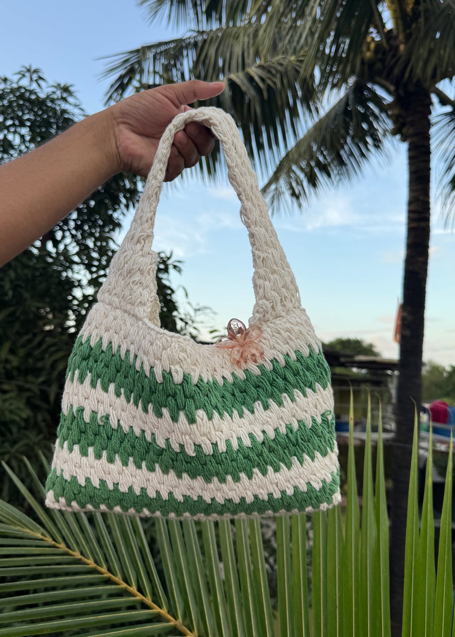 Green Striped Crochet Mini Bag