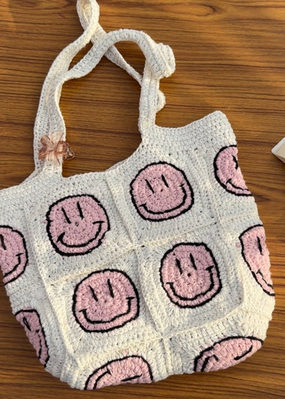Pink Smiley Crochet Tote Bag