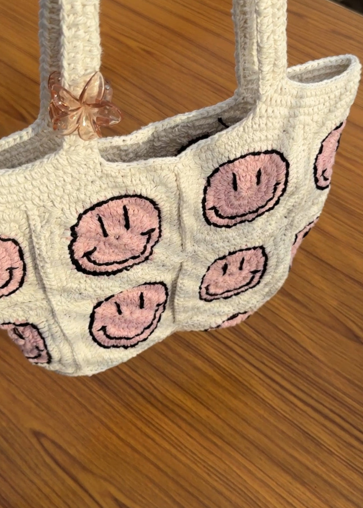 Pink Smiley Crochet Tote Bag