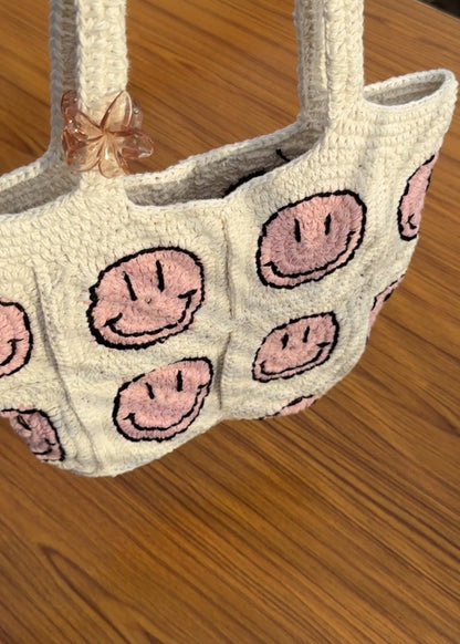 Pink Smiley Crochet Tote Bag
