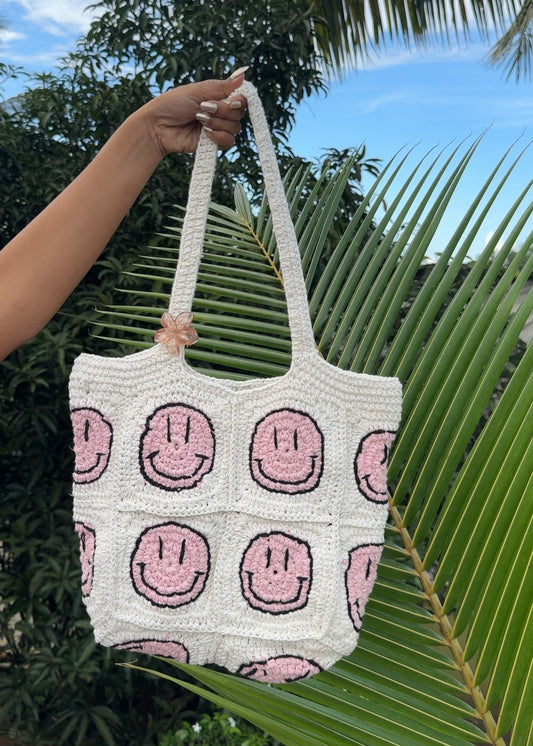 Pink Smiley Crochet Tote Bag